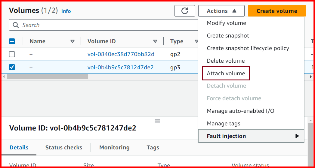 Picture showing the Attach Volume option for attaching volume with the EC2 instance